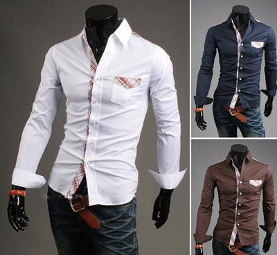 【全球新款ebay外貿男裝歐美修身男士長袖襯衫韓版潮流格子拼接】價格_廠家_圖片 -