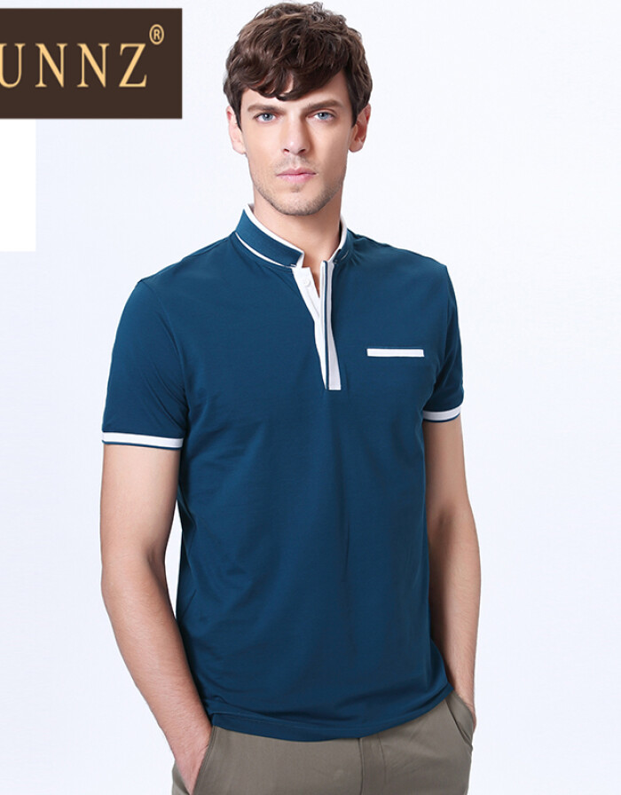 HUNNZ 2016年時尚專柜產(chǎn)品夏裝立領(lǐng)T恤男短袖商務(wù)休閑青年天絲棉純色體恤修身版 深藍色 170